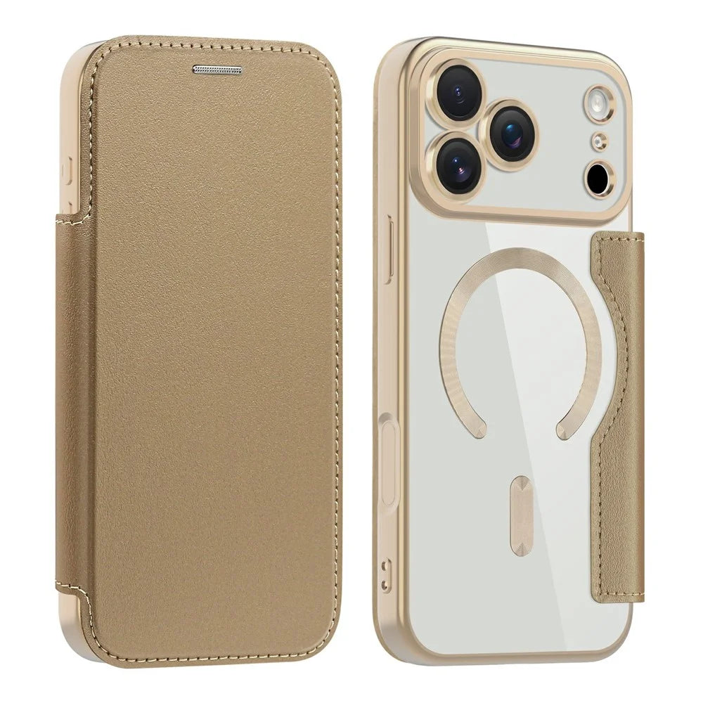 AMORUS For iPhone 17 Pro Case Compatible with MagSafe RFID Blocking Card Holder Leather Phone Cover - Desert Gold - 1