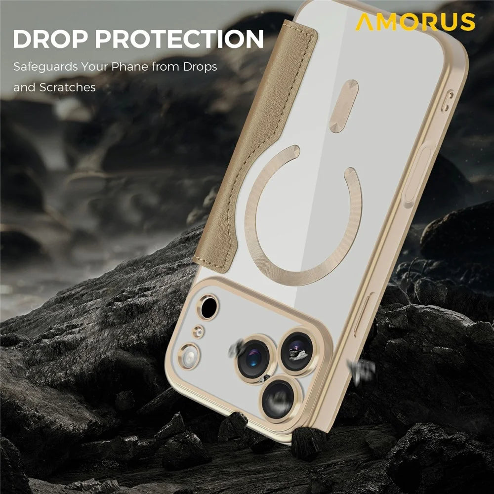 AMORUS For iPhone 17 Pro Case Compatible with MagSafe RFID Blocking Card Holder Leather Phone Cover - Desert Gold - 5