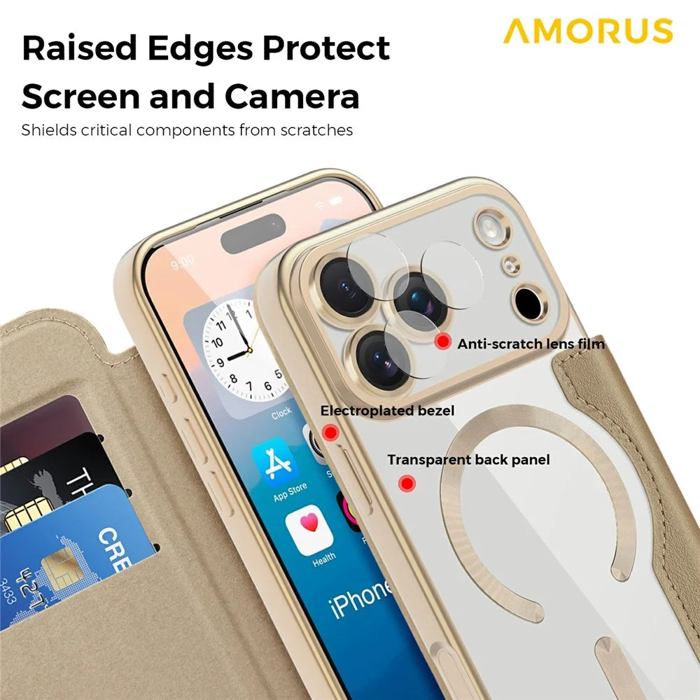 AMORUS For iPhone 17 Pro Case Compatible with MagSafe RFID Blocking Card Holder Leather Phone Cover - Desert Gold - 6