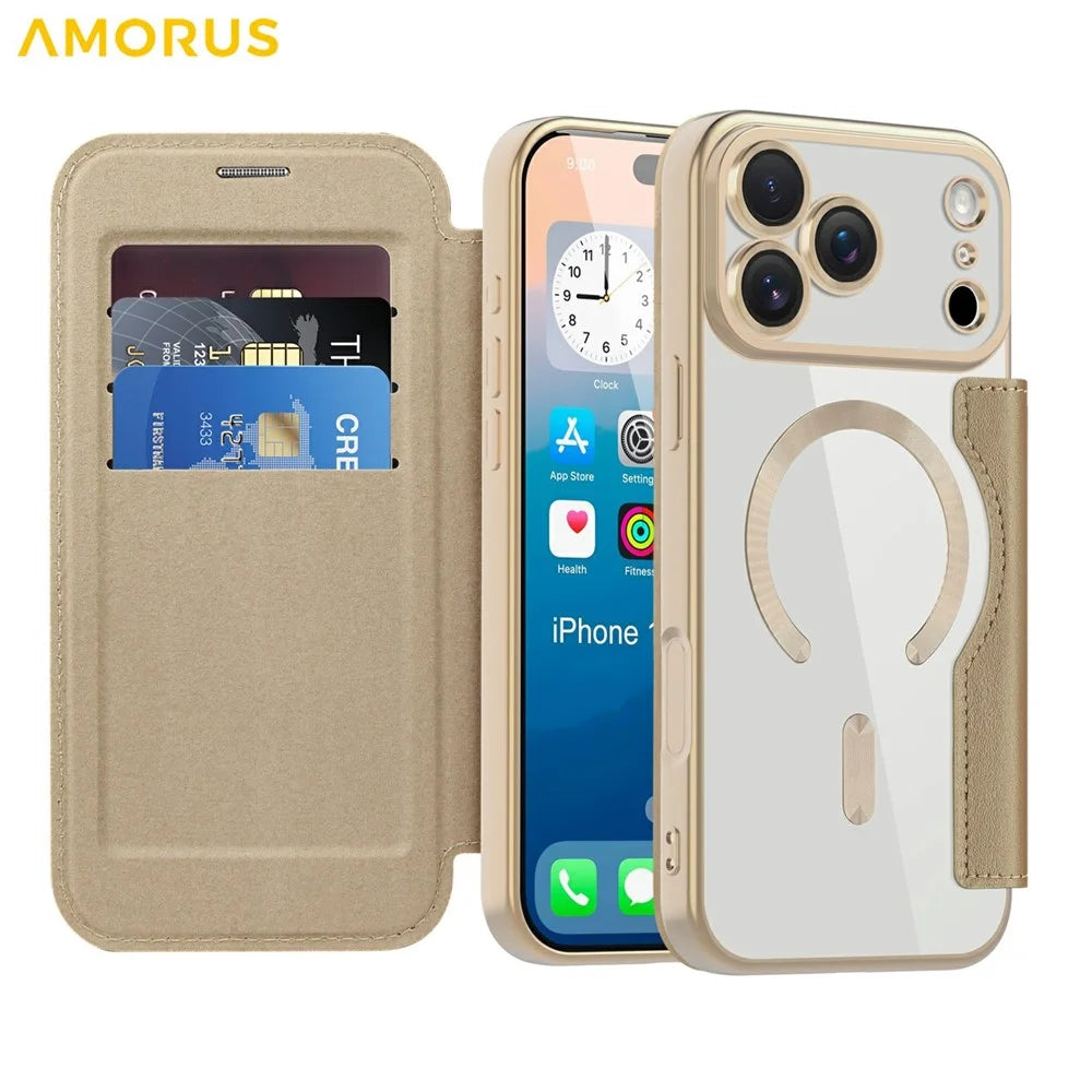 AMORUS For iPhone 17 Pro Max Case Compatible with MagSafe RFID Blocking Card Holder Leather Phone Cover - Desert Gold - 2