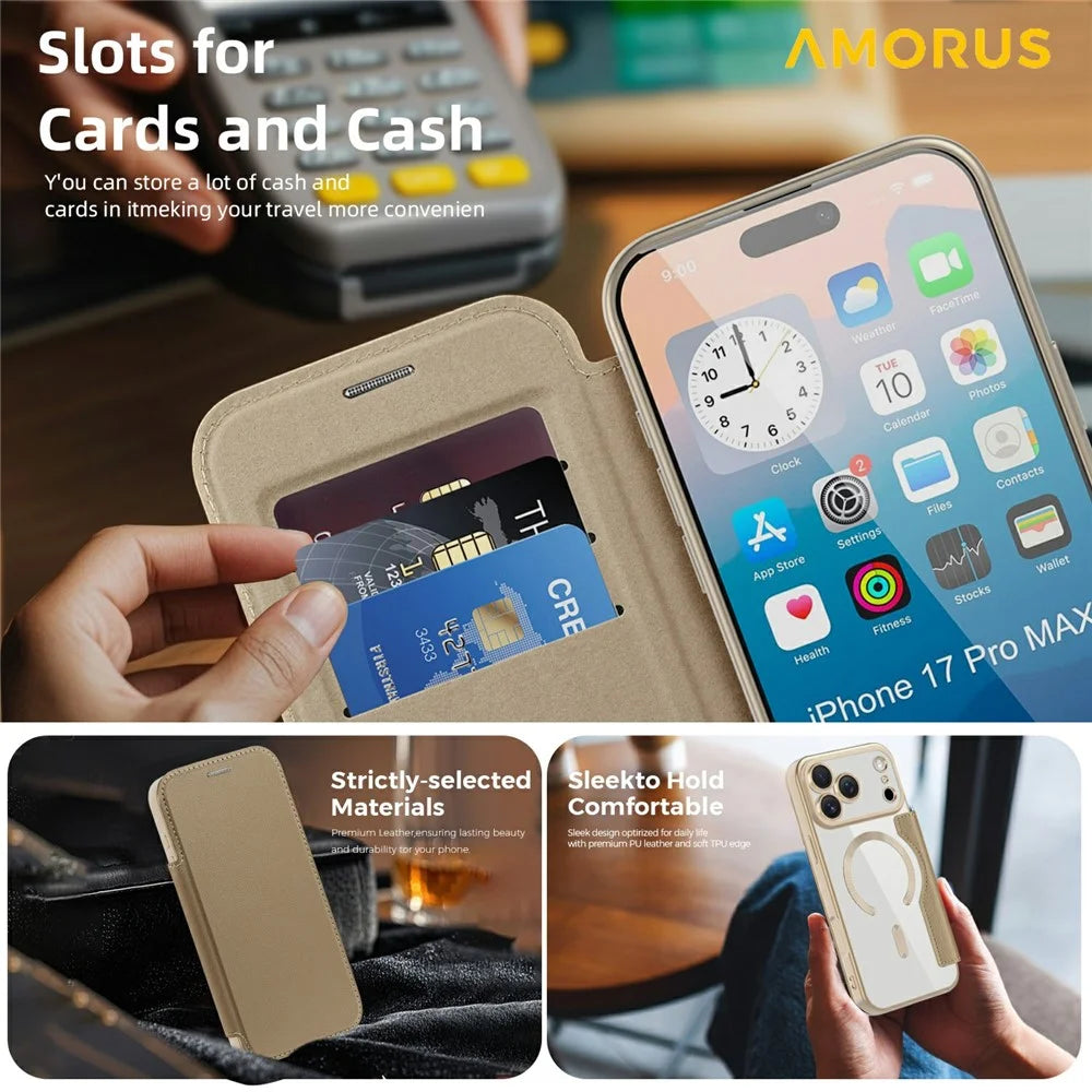 AMORUS For iPhone 17 Pro Max Case Compatible with MagSafe RFID Blocking Card Holder Leather Phone Cover - Desert Gold - 3