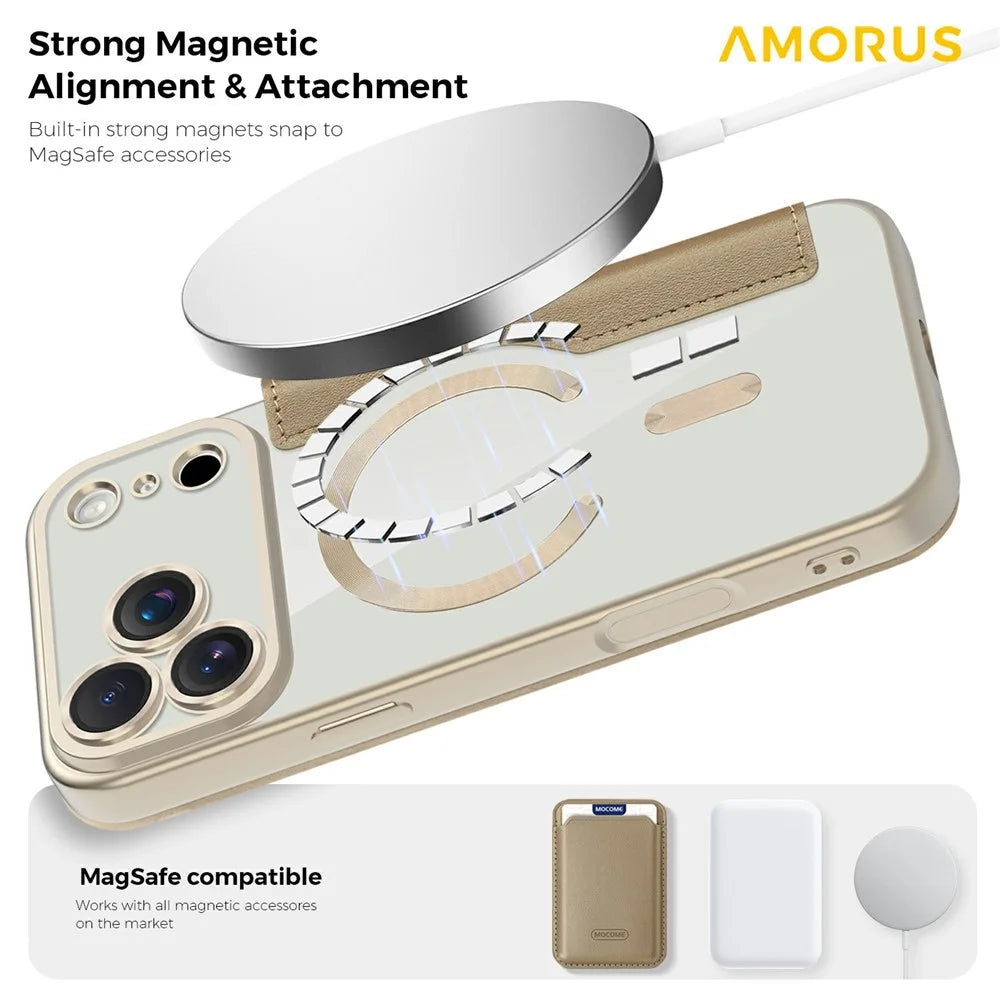 AMORUS For iPhone 17 Pro Max Case Compatible with MagSafe RFID Blocking Card Holder Leather Phone Cover - Desert Gold - 7