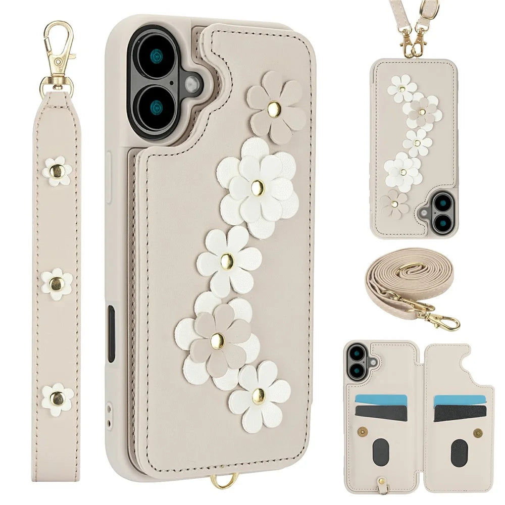For iPhone 17 Case Card Slots Leather Coated TPU Flower Phone Cover with 2 Straps - Beige - 1