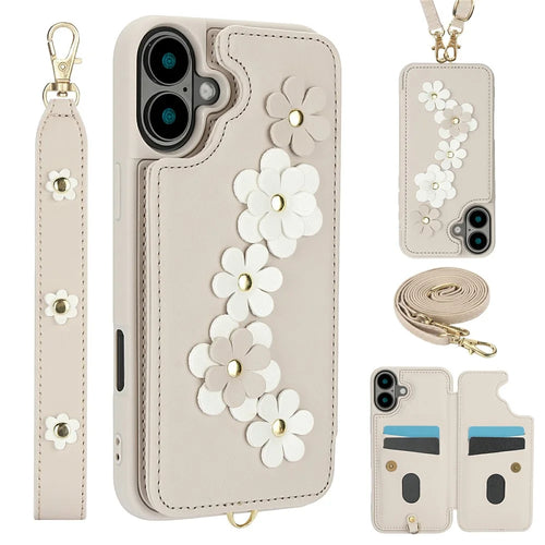 For iPhone 17 Case Card Slots Leather Coated TPU Flower Phone Cover with 2 Straps - Beige - 1