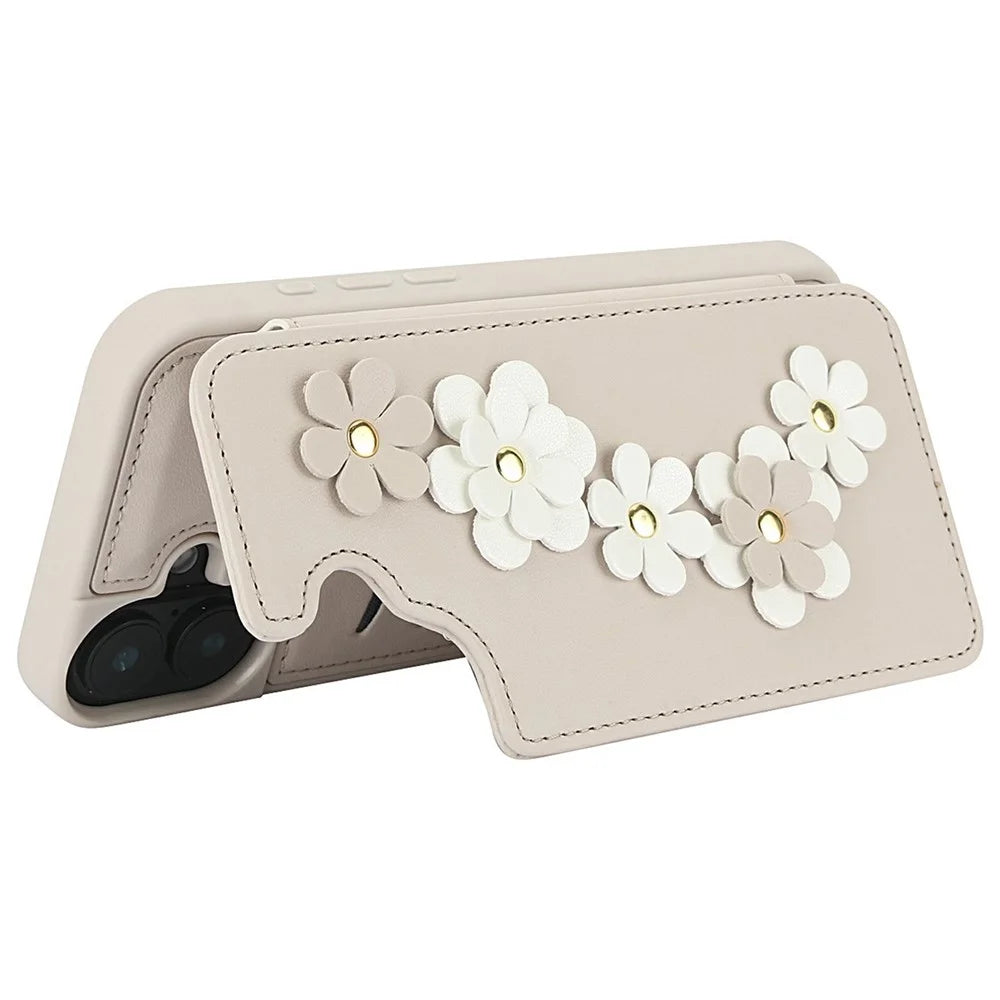 For iPhone 17 Case Card Slots Leather Coated TPU Flower Phone Cover with 2 Straps - Beige - 3