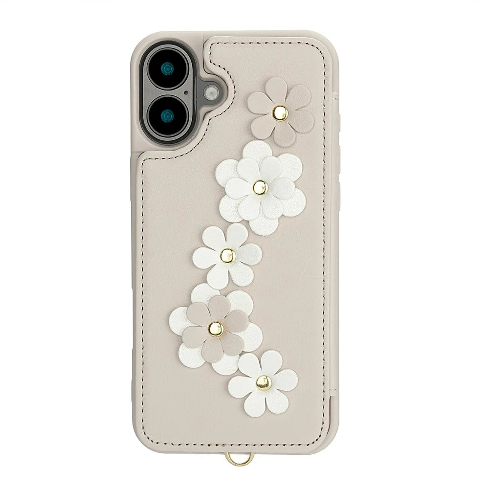 For iPhone 17 Case Card Slots Leather Coated TPU Flower Phone Cover with 2 Straps - Beige - 5