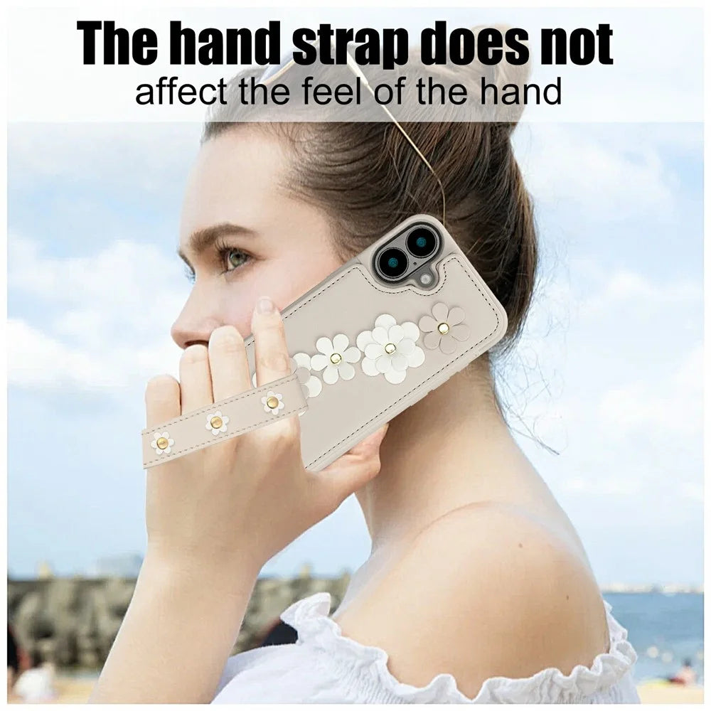 For iPhone 17 Case Card Slots Leather Coated TPU Flower Phone Cover with 2 Straps - Beige - 7