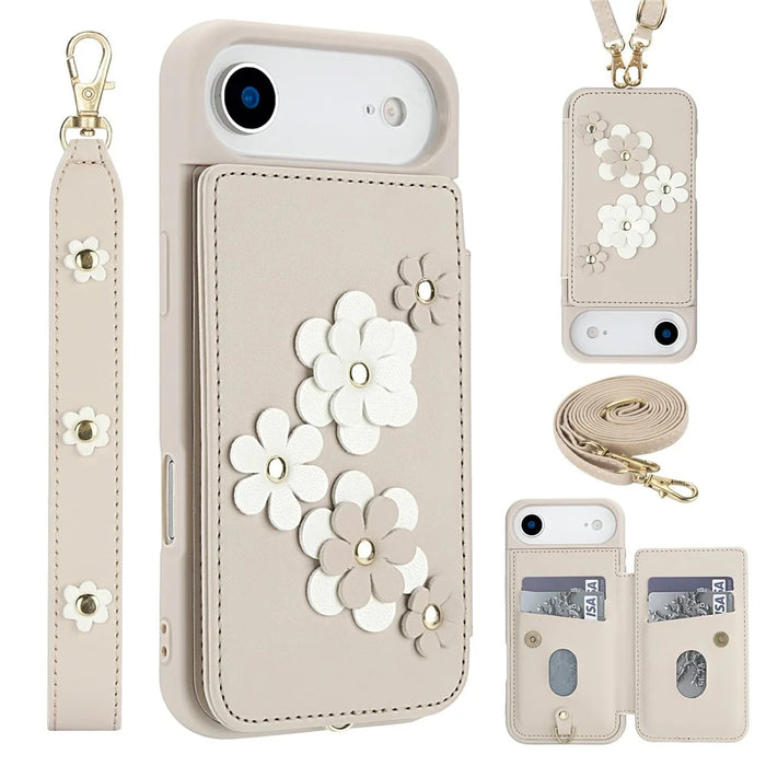 For iPhone Air Case Card Slots Leather Coated TPU Flower Phone Cover with 2 Straps - Beige - 1