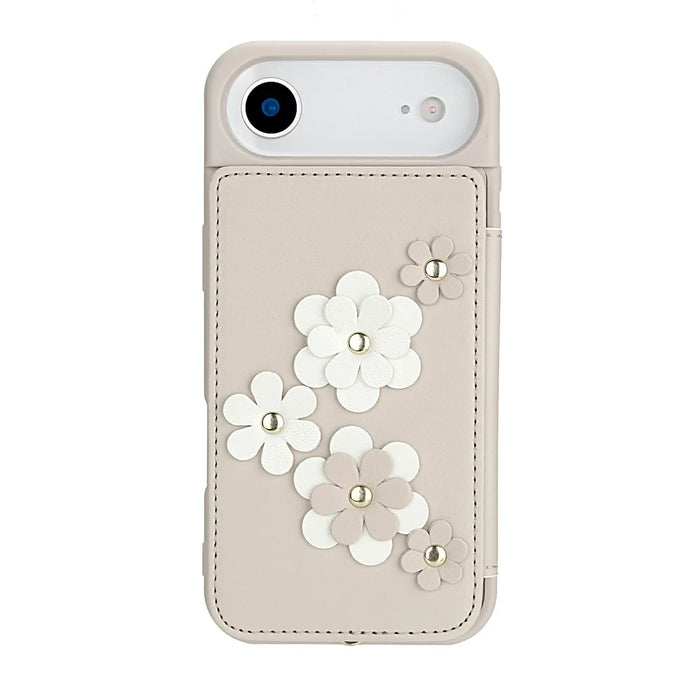 For iPhone Air Case Card Slots Leather Coated TPU Flower Phone Cover with 2 Straps - Beige - 5