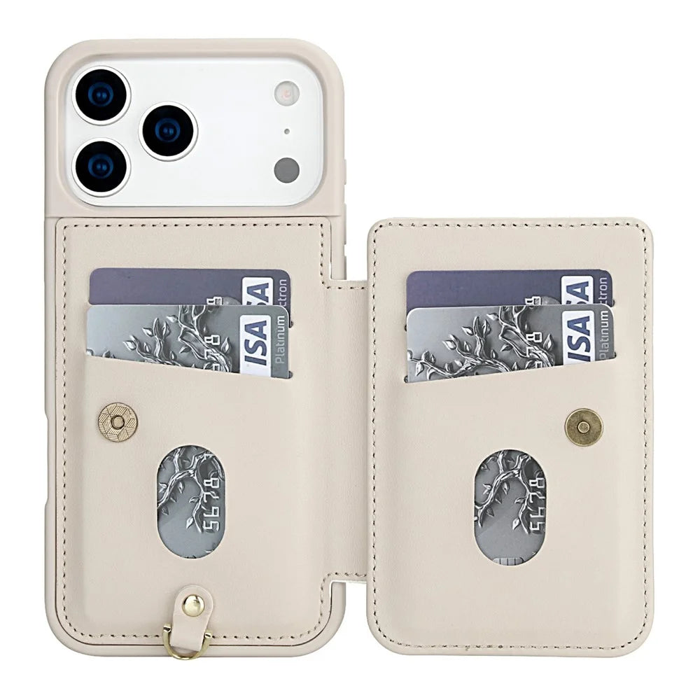 For iPhone 18 Pro / 17 Pro Case Card Slots Leather Coated TPU Flower Phone Cover with 2 Straps - Beige - 2