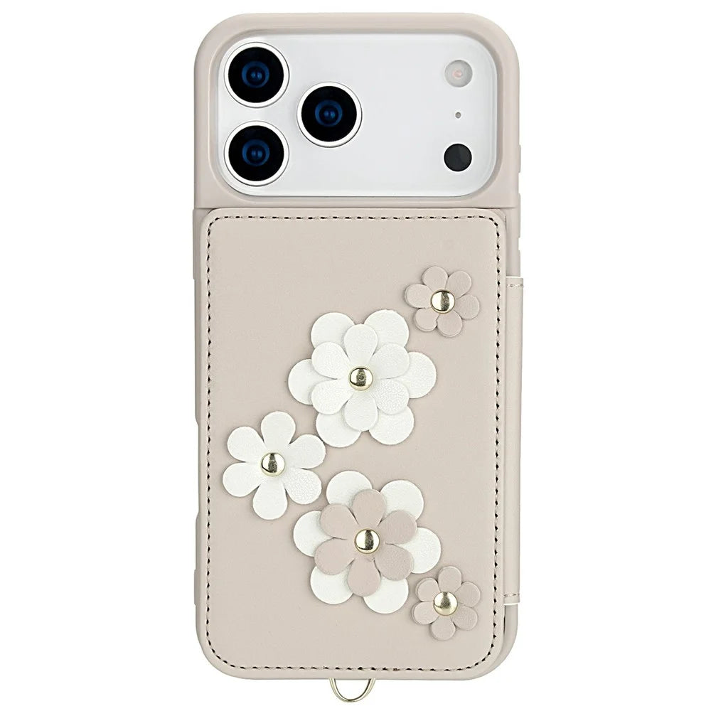 For iPhone 18 Pro / 17 Pro Case Card Slots Leather Coated TPU Flower Phone Cover with 2 Straps - Beige - 5