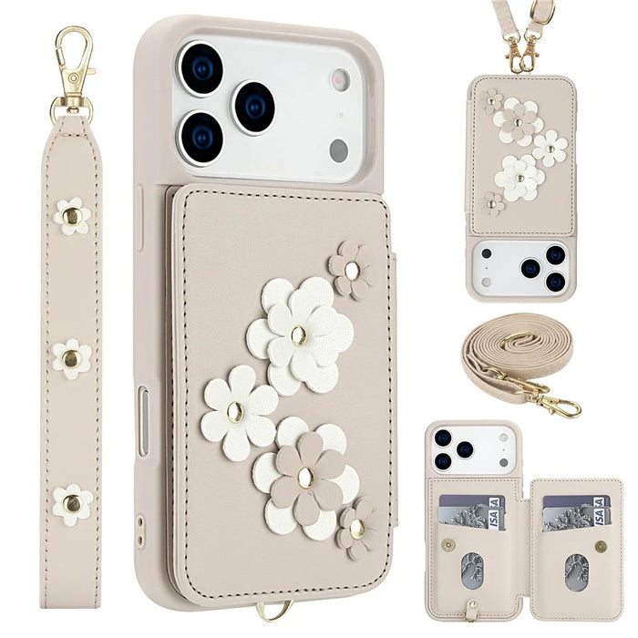 For iPhone 18 Pro Max / 17 Pro Max Case Card Slots Leather Coated TPU Flower Phone Cover with 2 Straps - Beige - 1