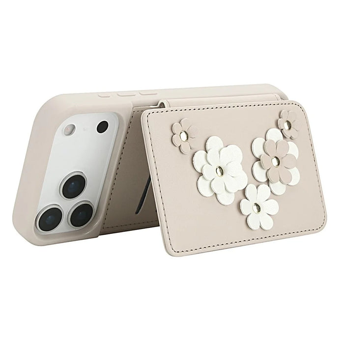 For iPhone 18 Pro Max / 17 Pro Max Case Card Slots Leather Coated TPU Flower Phone Cover with 2 Straps - Beige - 3