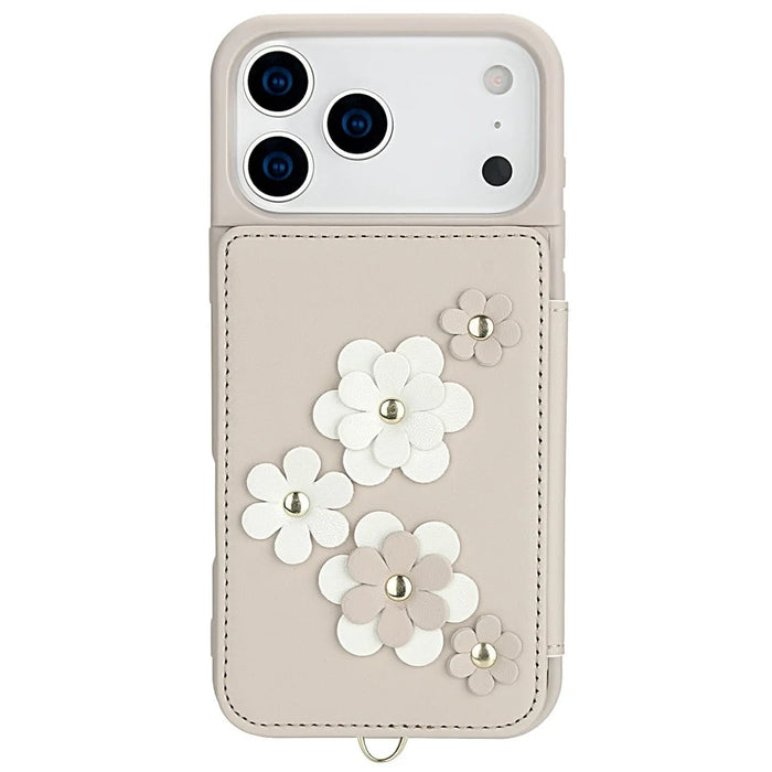For iPhone 18 Pro Max / 17 Pro Max Case Card Slots Leather Coated TPU Flower Phone Cover with 2 Straps - Beige - 5