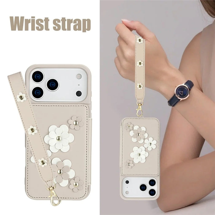 For iPhone 18 Pro Max / 17 Pro Max Case Card Slots Leather Coated TPU Flower Phone Cover with 2 Straps - Beige - 6