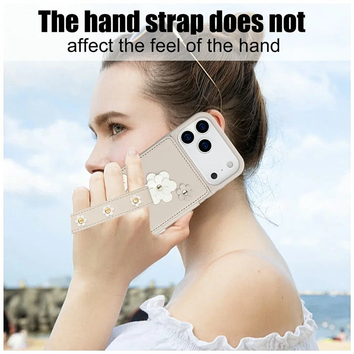 For iPhone 18 Pro Max / 17 Pro Max Case Card Slots Leather Coated TPU Flower Phone Cover with 2 Straps - Beige - 7
