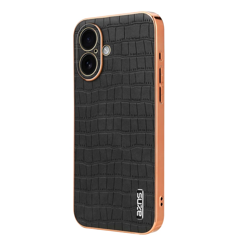 AZNS For iPhone 17 Case Electroplating Crocodile Texture PU + TPU Phone Cover - Black - 1