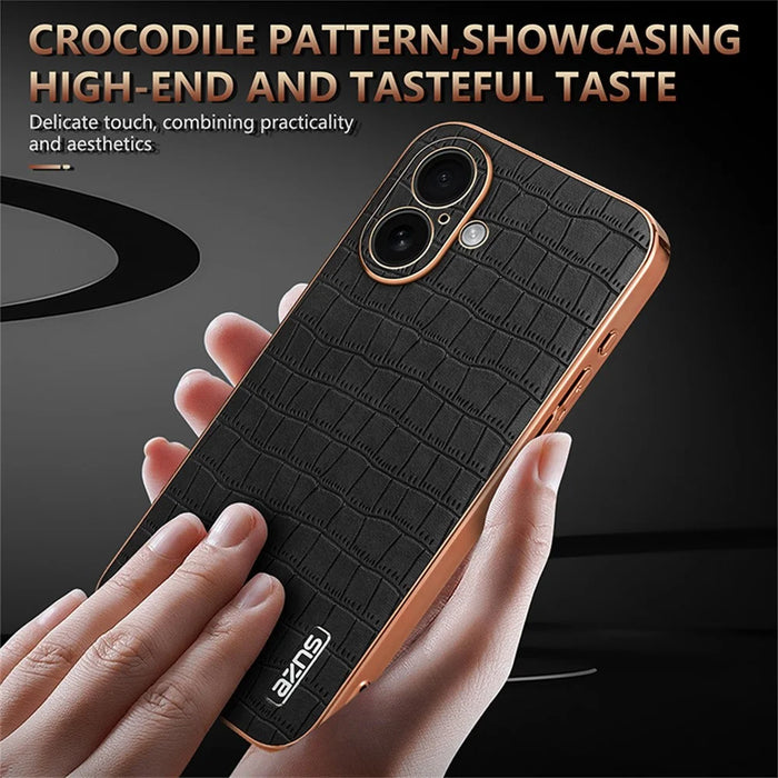 AZNS For iPhone 17 Case Electroplating Crocodile Texture PU + TPU Phone Cover - Black - 5