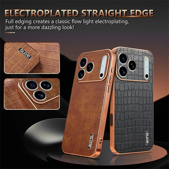 AZNS For iPhone 18 Pro Max / 17 Pro Max Case Electroplating Crocodile Texture PU + TPU Phone Cover - Brown - 3