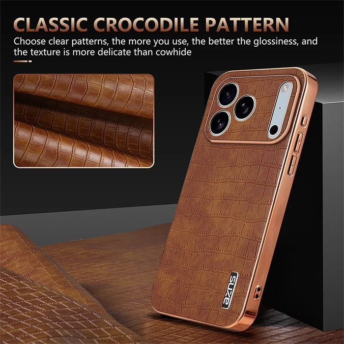 AZNS For iPhone 18 Pro Max / 17 Pro Max Case Electroplating Crocodile Texture PU + TPU Phone Cover - Brown - 4