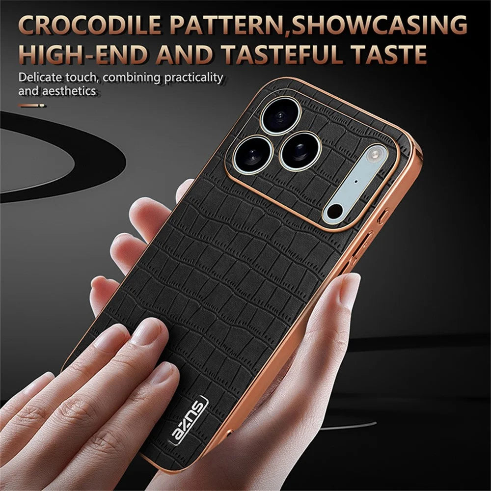 AZNS For iPhone 18 Pro Max / 17 Pro Max Case Electroplating Crocodile Texture PU + TPU Phone Cover - Brown - 7