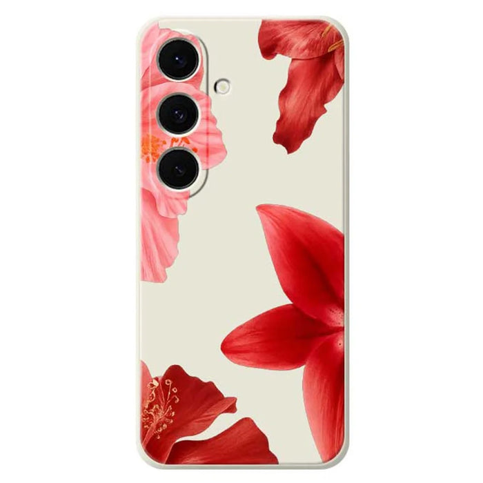 For Samsung Galaxy S25 FE Case Red Flower Pattern Printing Straight Edge TPU Phone Back Cover - Beige - 1
