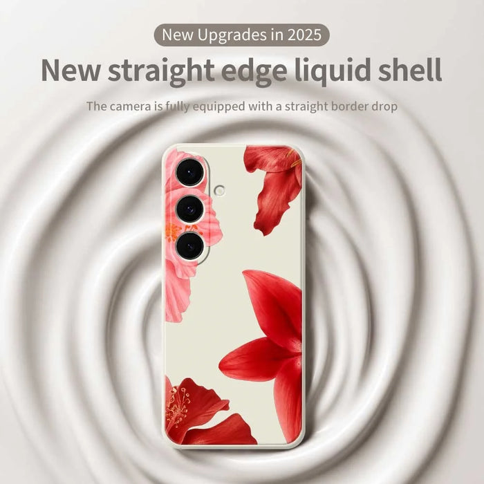 For Samsung Galaxy S25 FE Case Red Flower Pattern Printing Straight Edge TPU Phone Back Cover - Beige - 3