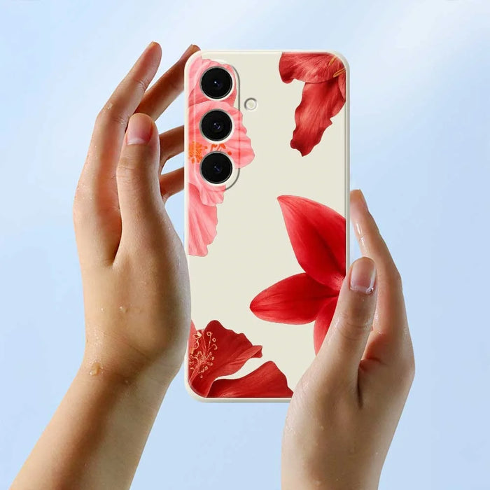 For Samsung Galaxy S25 FE Case Red Flower Pattern Printing Straight Edge TPU Phone Back Cover - Beige - 6