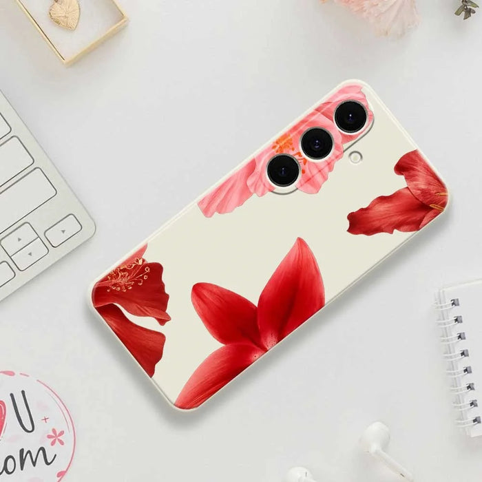 For Samsung Galaxy S25 FE Case Red Flower Pattern Printing Straight Edge TPU Phone Back Cover - Beige - 7