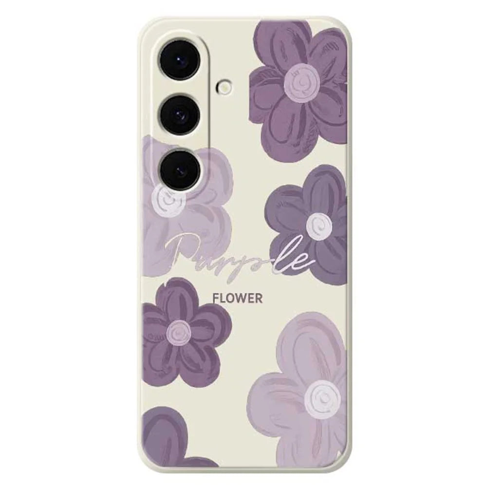 For Samsung Galaxy S25 FE Case Purple Flower Pattern Printing Straight Edge TPU Phone Back Cover - Beige - 1