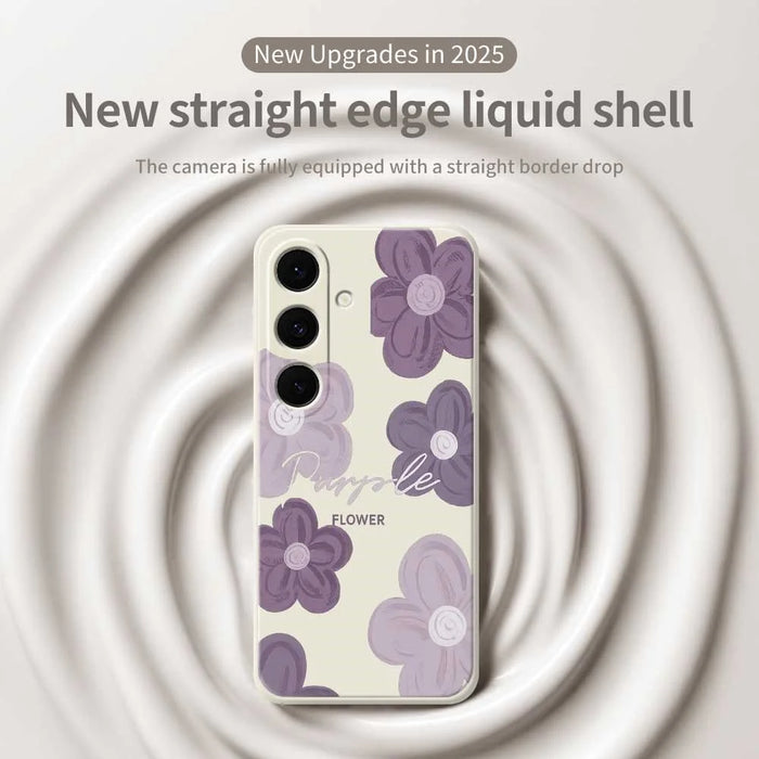 For Samsung Galaxy S25 FE Case Purple Flower Pattern Printing Straight Edge TPU Phone Back Cover - Beige - 3