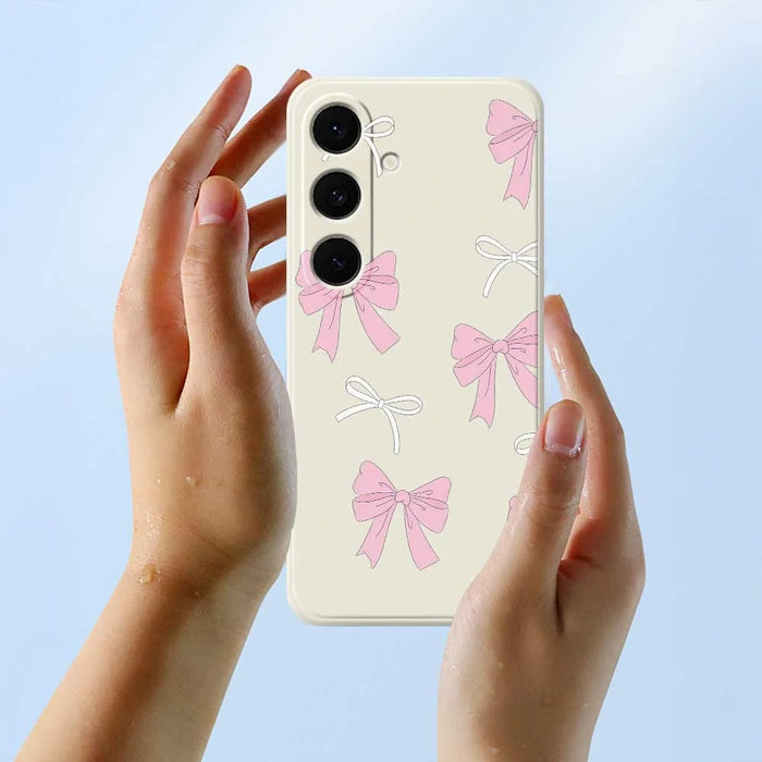 For Samsung Galaxy S25 FE Case Pink Bows Pattern Printing Straight Edge TPU Phone Back Cover - Beige - 6