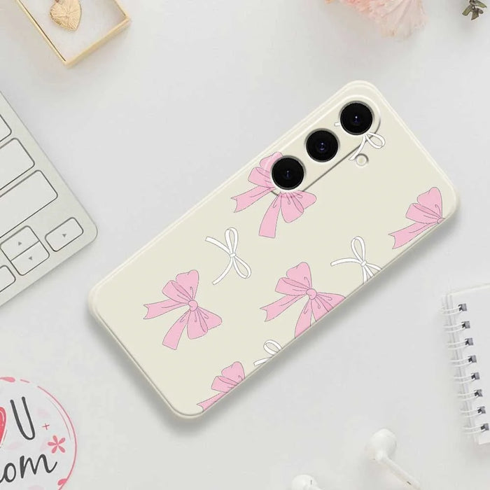 For Samsung Galaxy S25 FE Case Pink Bows Pattern Printing Straight Edge TPU Phone Back Cover - Beige - 7