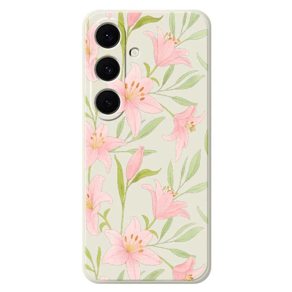 For Samsung Galaxy S25 FE Case Pink Lilies Pattern Printing Straight Edge TPU Phone Back Cover - Beige - 1