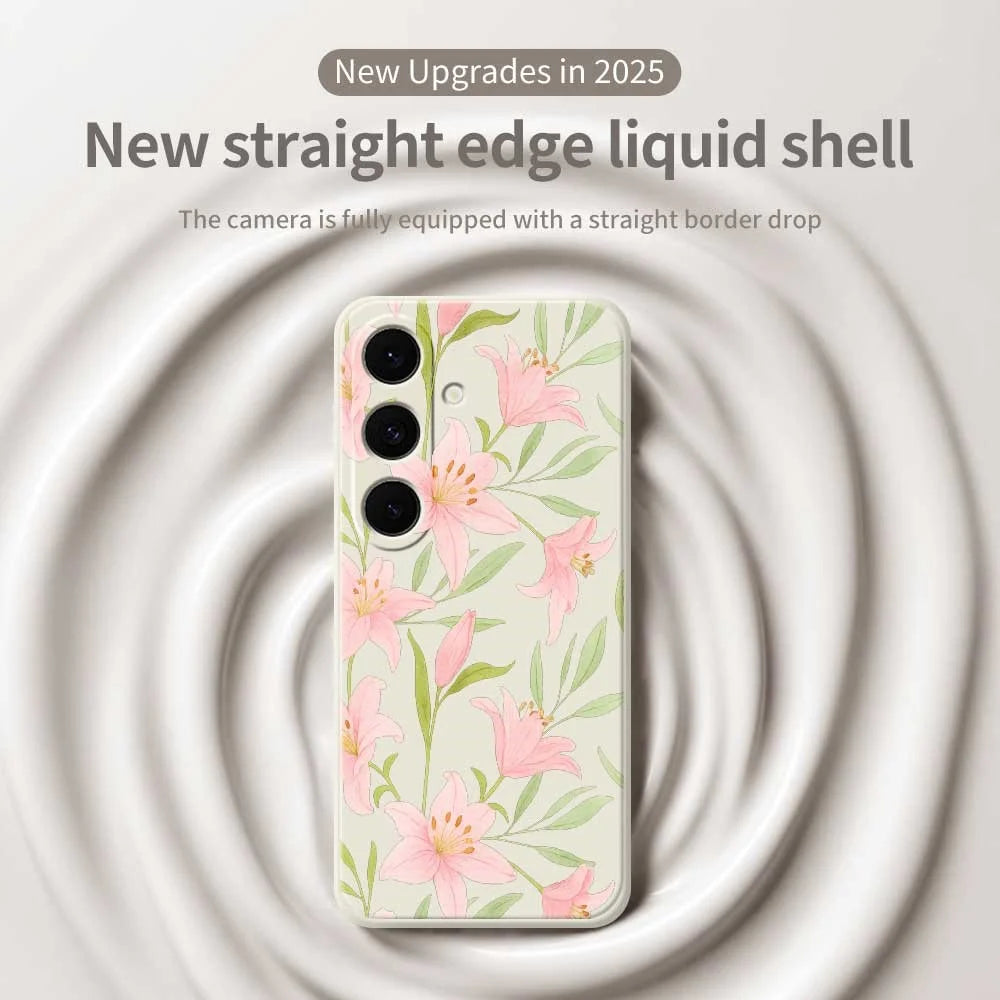 For Samsung Galaxy S25 FE Case Pink Lilies Pattern Printing Straight Edge TPU Phone Back Cover - Beige - 3