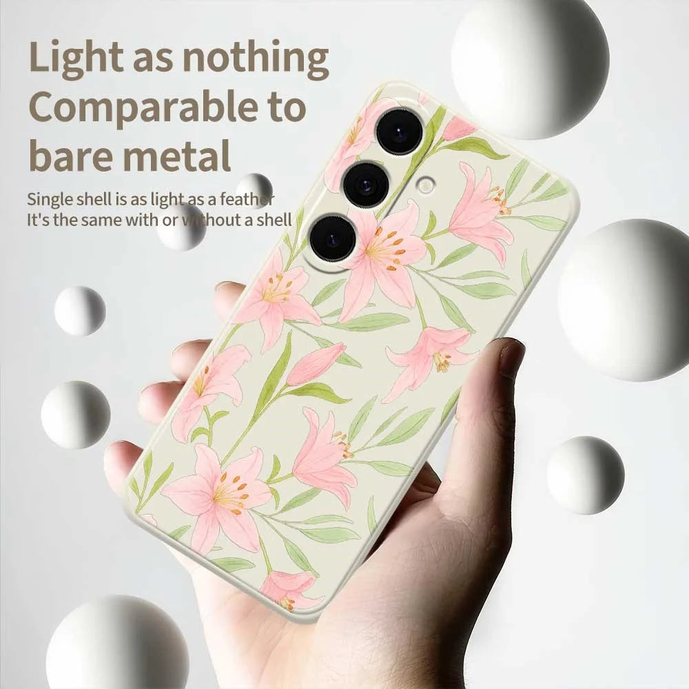 For Samsung Galaxy S25 FE Case Pink Lilies Pattern Printing Straight Edge TPU Phone Back Cover - Beige - 4