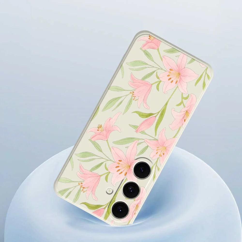 For Samsung Galaxy S25 FE Case Pink Lilies Pattern Printing Straight Edge TPU Phone Back Cover - Beige - 5