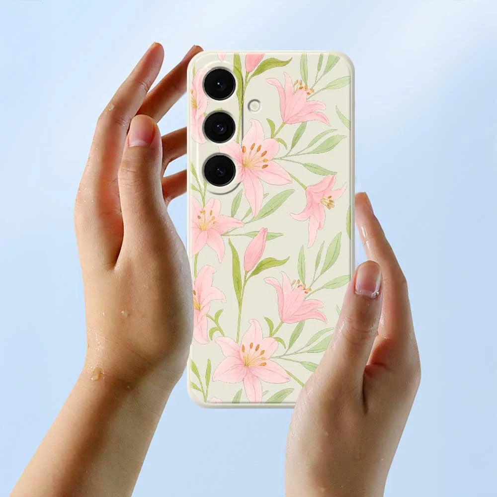 For Samsung Galaxy S25 FE Case Pink Lilies Pattern Printing Straight Edge TPU Phone Back Cover - Beige - 6