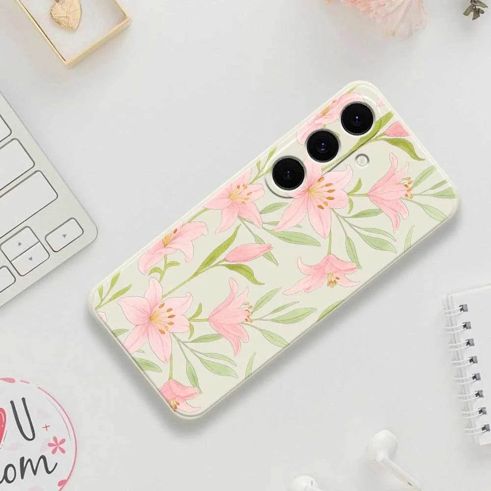 For Samsung Galaxy S25 FE Case Pink Lilies Pattern Printing Straight Edge TPU Phone Back Cover - Beige - 7