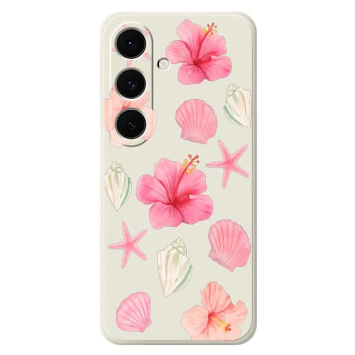 For Samsung Galaxy S25 FE Case Peach Blossoms Shells Pattern Printing Straight Edge TPU Phone Back Cover - Beige - 1
