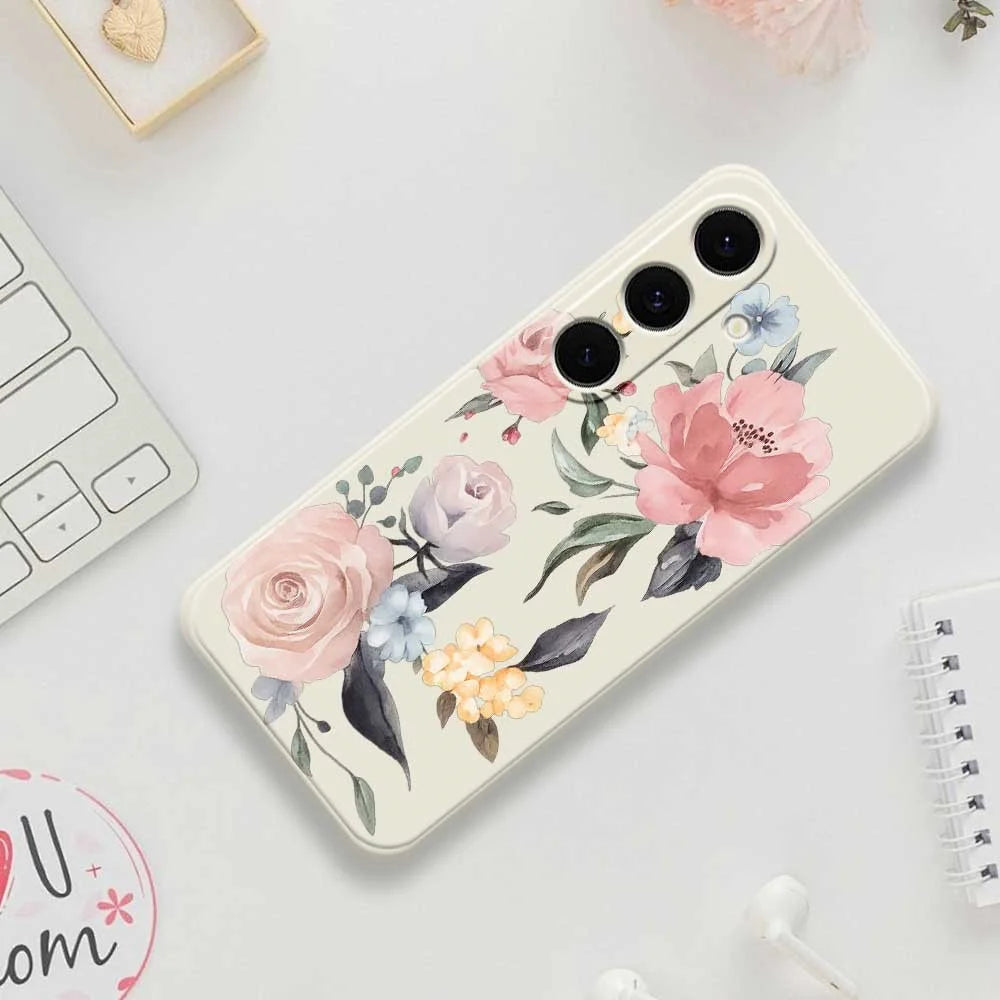 For Samsung Galaxy S25 FE Case Big Flowers Pattern Printing Straight Edge TPU Phone Back Cover - Beige - 7