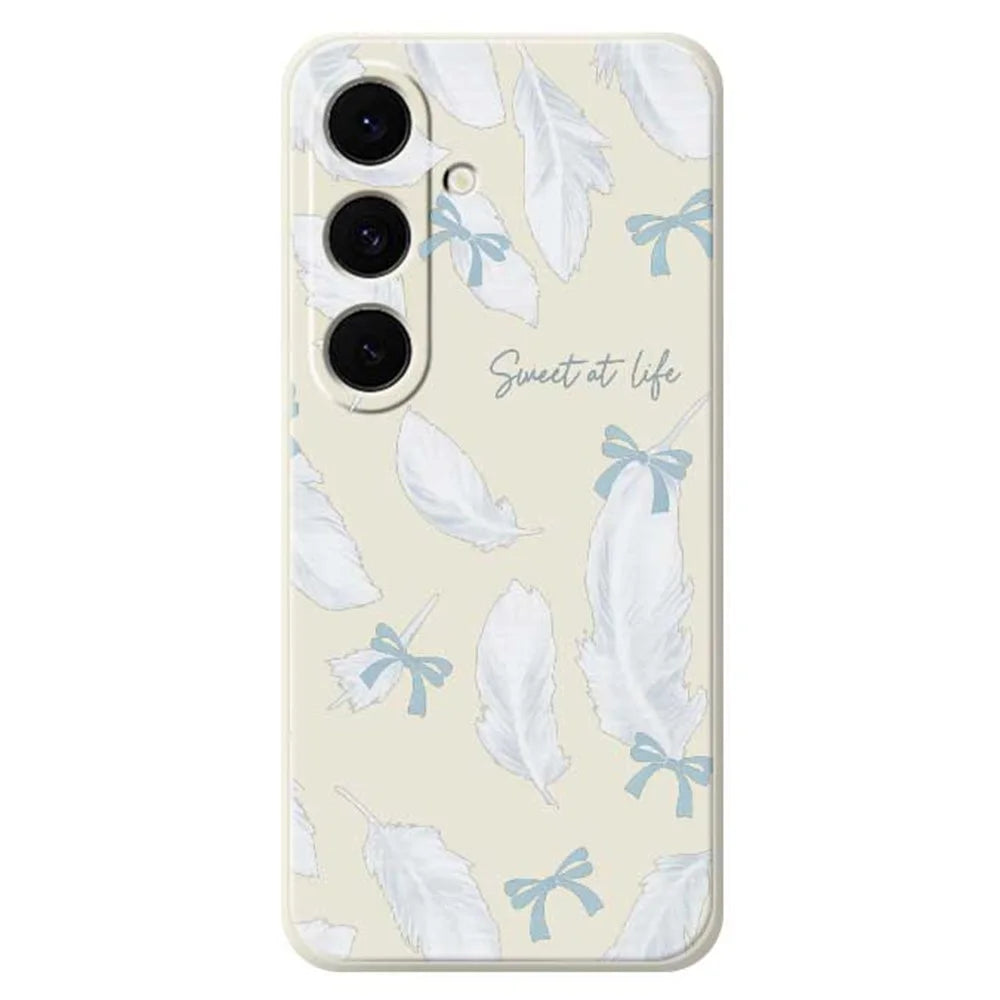 For Samsung Galaxy S25 FE Case White Feathers Pattern Printing Straight Edge TPU Phone Back Cover - Beige - 1