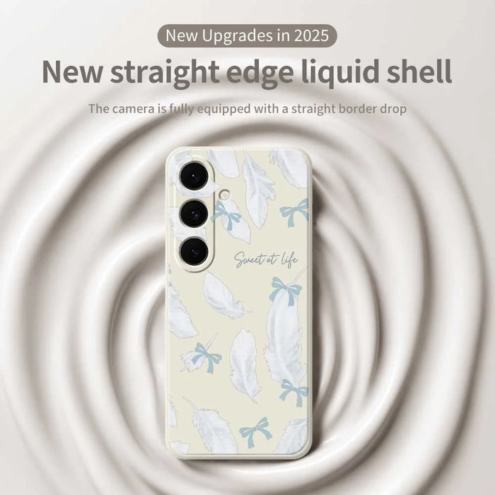 For Samsung Galaxy S25 FE Case White Feathers Pattern Printing Straight Edge TPU Phone Back Cover - Beige - 3