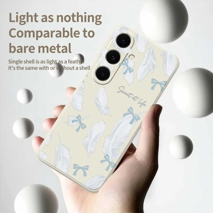 For Samsung Galaxy S25 FE Case White Feathers Pattern Printing Straight Edge TPU Phone Back Cover - Beige - 4