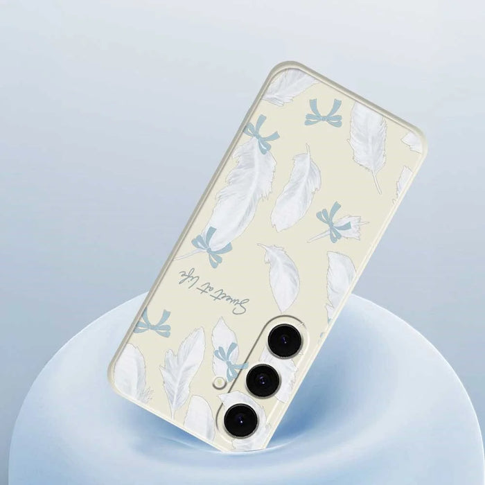 For Samsung Galaxy S25 FE Case White Feathers Pattern Printing Straight Edge TPU Phone Back Cover - Beige - 5