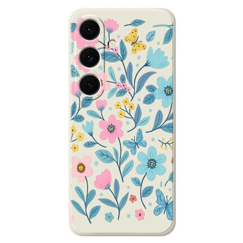 For Samsung Galaxy S25 FE Case Blue Pink Flowers Pattern Printing Straight Edge TPU Phone Back Cover - Beige - 1