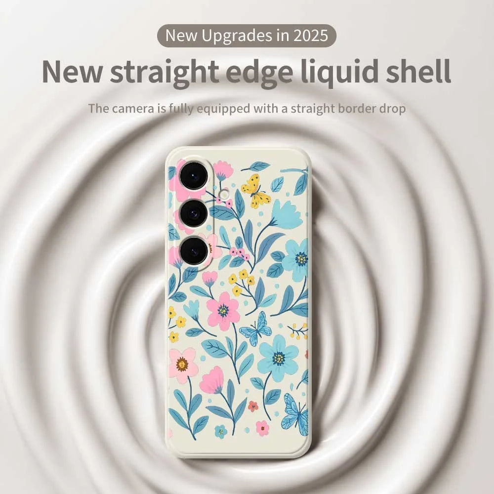 For Samsung Galaxy S25 FE Case Blue Pink Flowers Pattern Printing Straight Edge TPU Phone Back Cover - Beige - 3