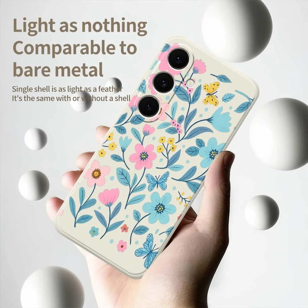 For Samsung Galaxy S25 FE Case Blue Pink Flowers Pattern Printing Straight Edge TPU Phone Back Cover - Beige - 4
