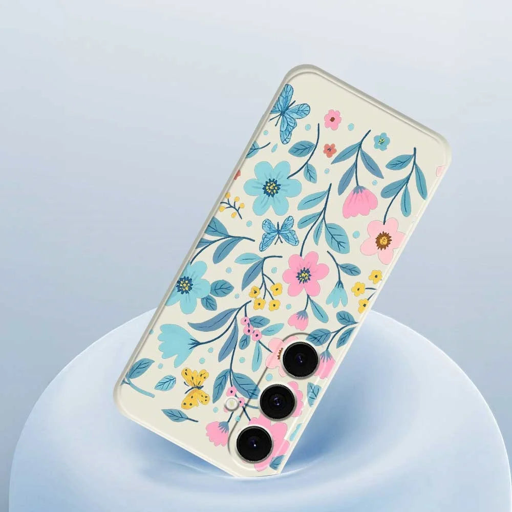 For Samsung Galaxy S25 FE Case Blue Pink Flowers Pattern Printing Straight Edge TPU Phone Back Cover - Beige - 5