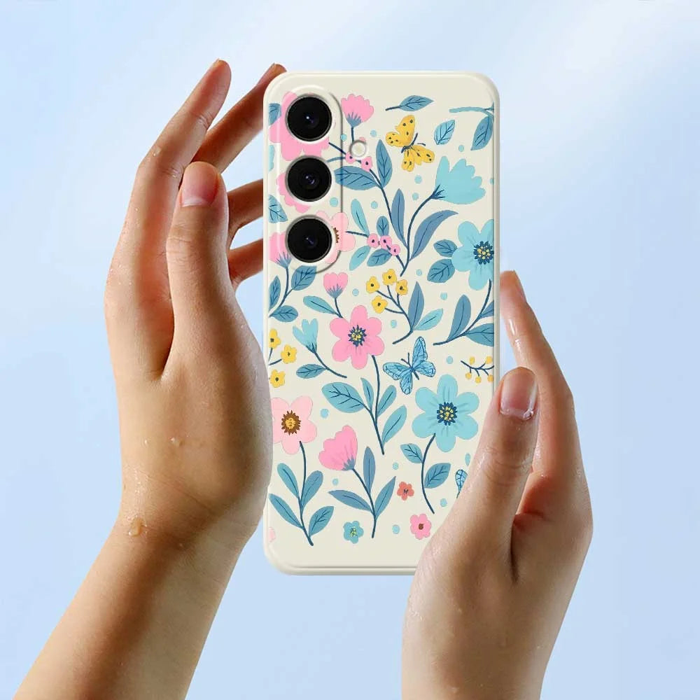 For Samsung Galaxy S25 FE Case Blue Pink Flowers Pattern Printing Straight Edge TPU Phone Back Cover - Beige - 6